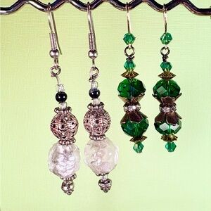 Earrings Pierced Handcrafted Unique Crystal + Silver & Emerald/Gold+ Rhinestones